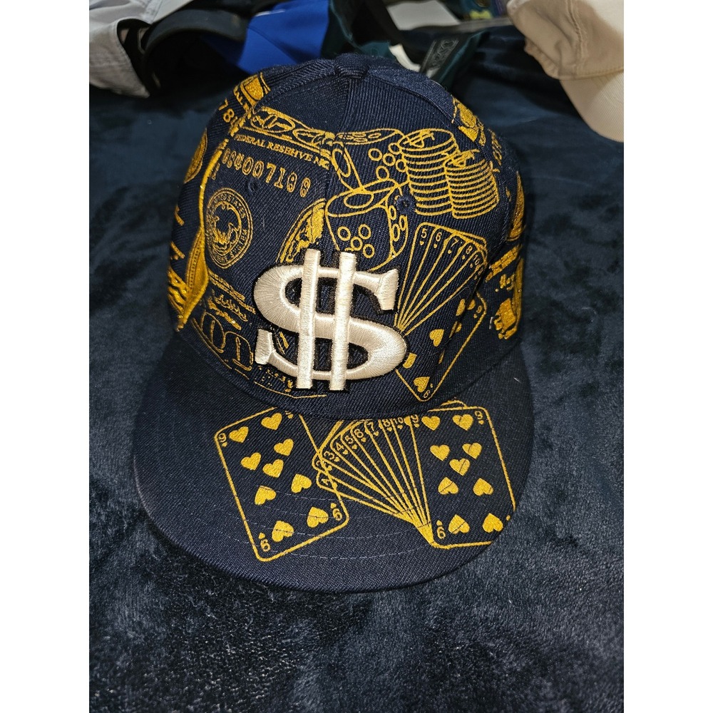 Navy Blue Gambling Money Print Fitted Hat Dollar Sign Poker Cards Size 7 3/8